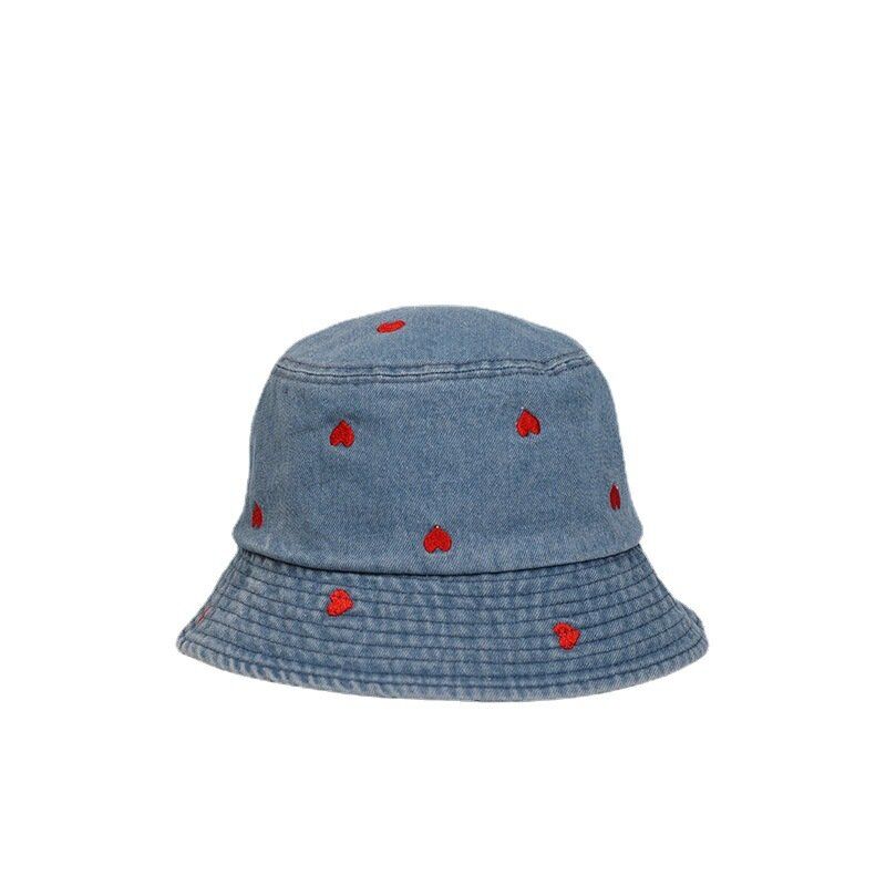 Washed Denim Bucket Hat Heart Embroidered Hats Factory