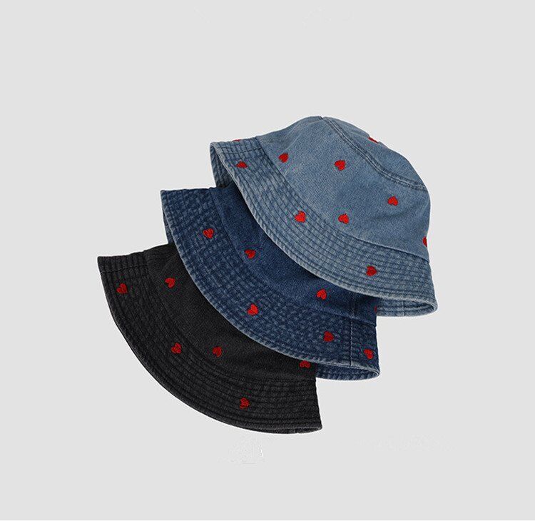 Washed Denim Bucket Hat Heart Embroidered Hats Factory - Image 2